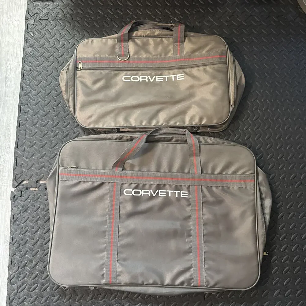 Vintage Chevrolet Corvette 2 Piece Luggage Travel Bag Set Gray Red Made Korea *